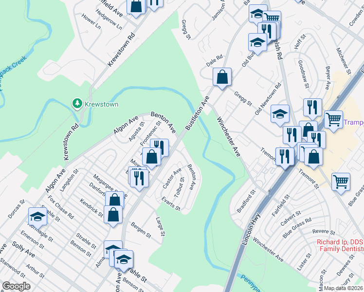 map of restaurants, bars, coffee shops, grocery stores, and more near 8595 Bustleton Avenue in Philadelphia