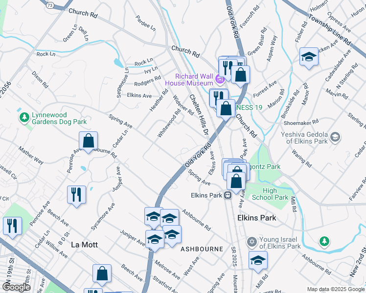 map of restaurants, bars, coffee shops, grocery stores, and more near 7900 Old York Road in Elkins Park