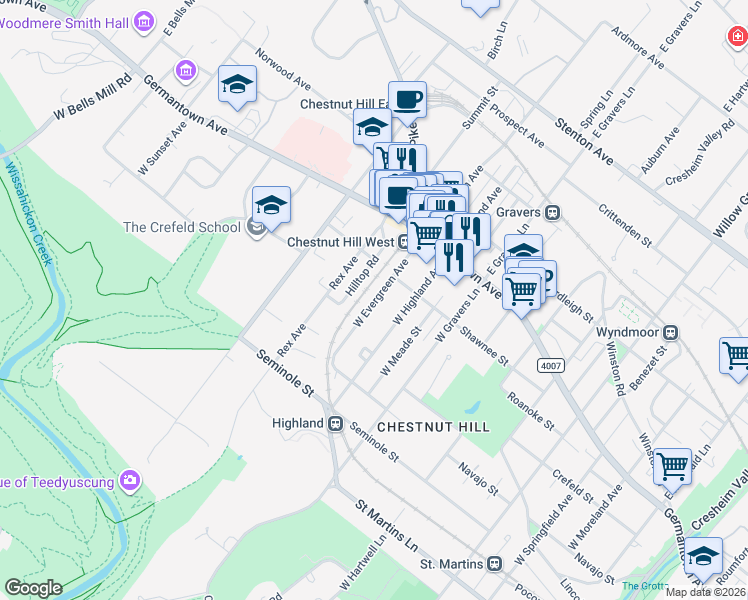 map of restaurants, bars, coffee shops, grocery stores, and more near 150 West Evergreen Avenue in Philadelphia