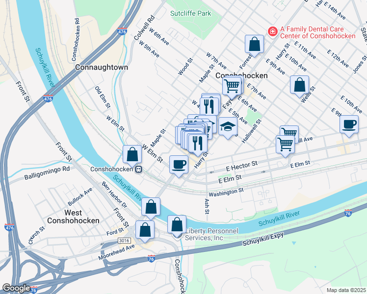 map of restaurants, bars, coffee shops, grocery stores, and more near 107 Forrest Street in Conshohocken