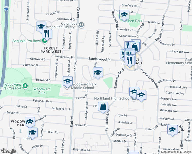 map of restaurants, bars, coffee shops, grocery stores, and more near 1711 Penworth Drive in Columbus