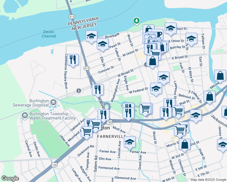 map of restaurants, bars, coffee shops, grocery stores, and more near 468 Washington Avenue in Burlington