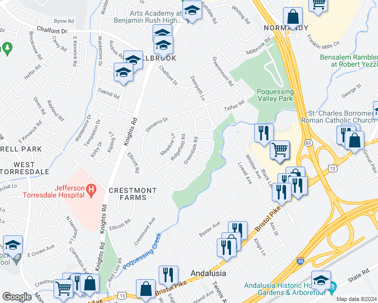 map of restaurants, bars, coffee shops, grocery stores, and more near 158 Greendale Road in Philadelphia