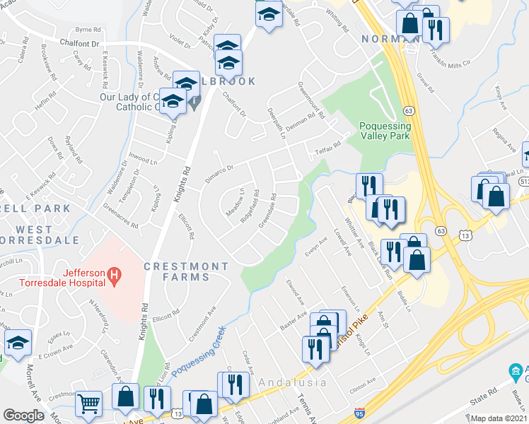map of restaurants, bars, coffee shops, grocery stores, and more near 158 Greendale Road in Philadelphia