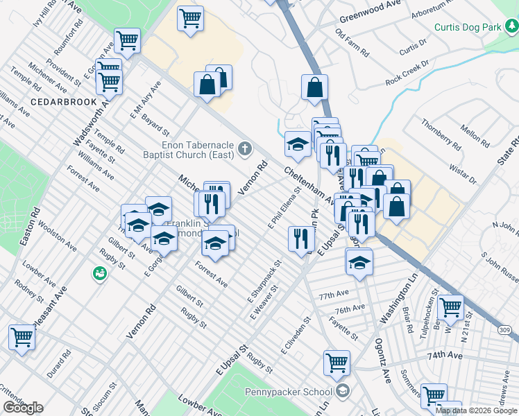 map of restaurants, bars, coffee shops, grocery stores, and more near 7909 Provident Road in Philadelphia