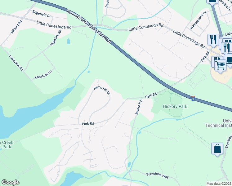 map of restaurants, bars, coffee shops, grocery stores, and more near 20 Heron Hill Drive in Downingtown