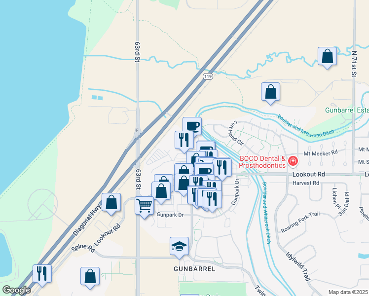 map of restaurants, bars, coffee shops, grocery stores, and more near 5501 Spine Road in Boulder