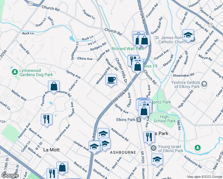 map of restaurants, bars, coffee shops, grocery stores, and more near 7900 Old York Road in Elkins Park