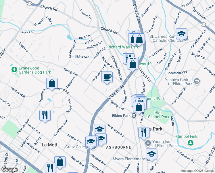 map of restaurants, bars, coffee shops, grocery stores, and more near 7900 Old York Road in Elkins Park