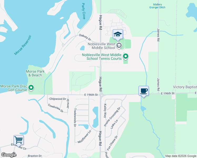 map of restaurants, bars, coffee shops, grocery stores, and more near 19675 Hague Road in Noblesville