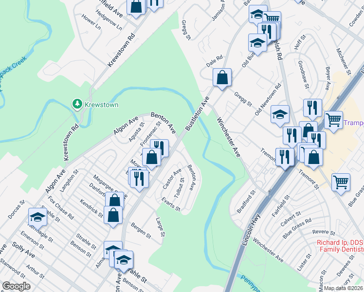 map of restaurants, bars, coffee shops, grocery stores, and more near 8595 Bustleton Avenue in Philadelphia