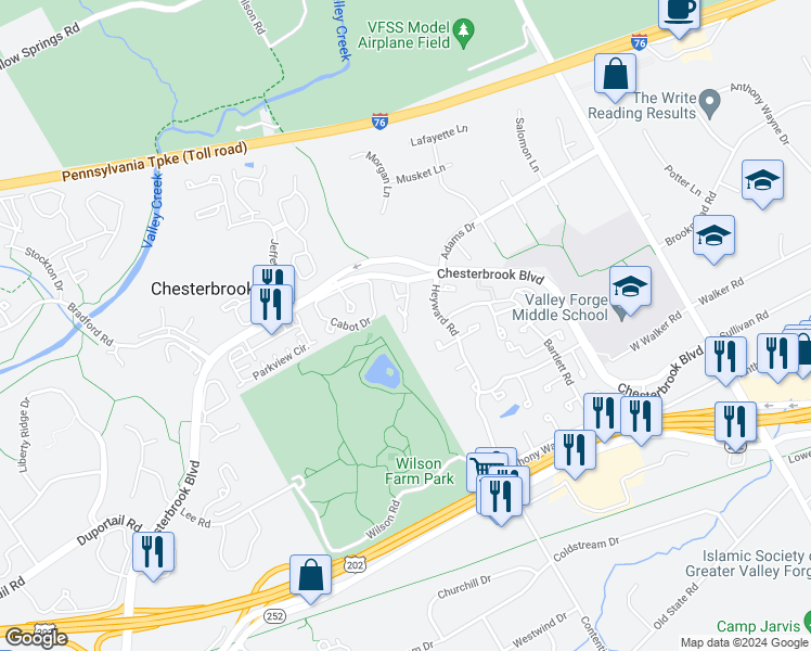 map of restaurants, bars, coffee shops, grocery stores, and more near 58 Elan Lane in Chesterbrook
