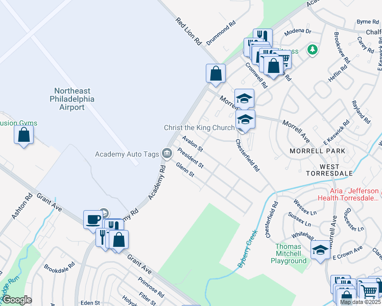 map of restaurants, bars, coffee shops, grocery stores, and more near 3511 President Street in Philadelphia
