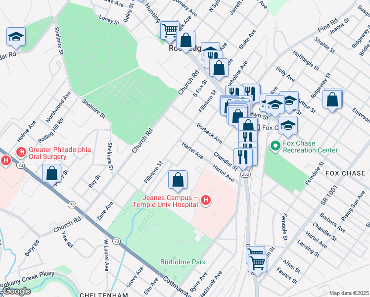 map of restaurants, bars, coffee shops, grocery stores, and more near 218 Hartel Avenue in Philadelphia