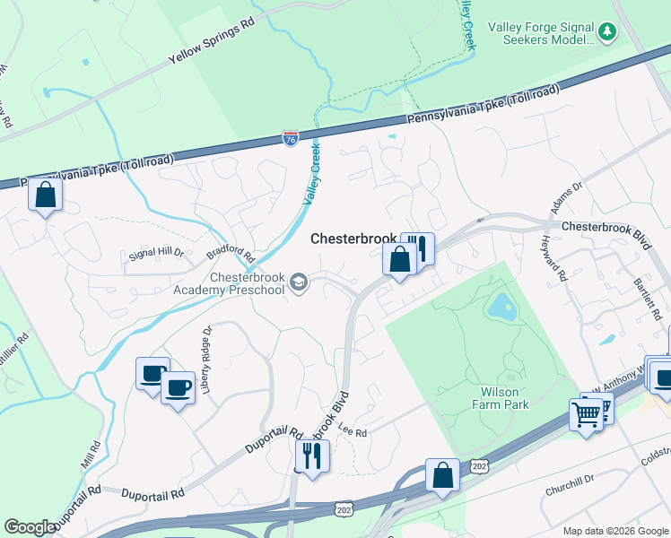 map of restaurants, bars, coffee shops, grocery stores, and more near 22 Painters Lane in Chesterbrook