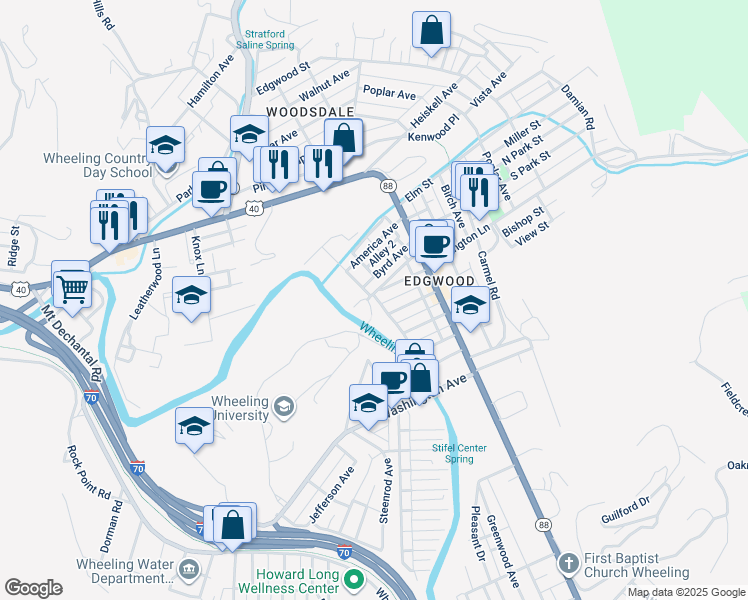 map of restaurants, bars, coffee shops, grocery stores, and more near 17 Haddale Avenue in Wheeling