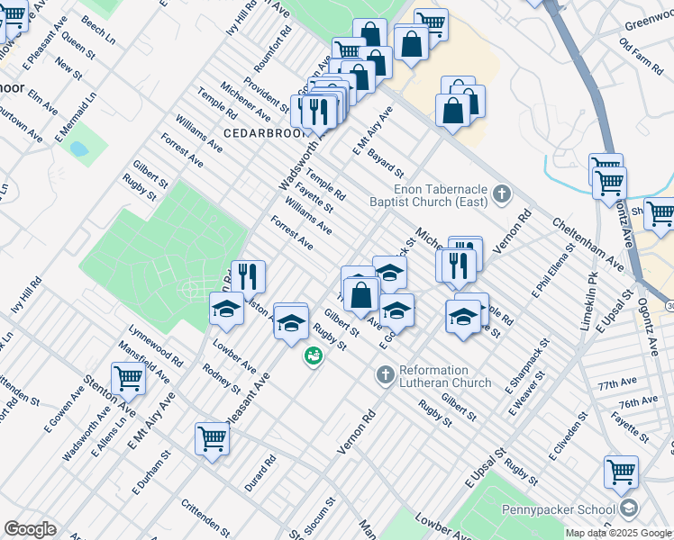 map of restaurants, bars, coffee shops, grocery stores, and more near 1323 East Mount Pleasant Avenue in Philadelphia