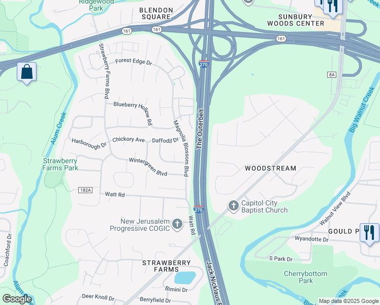 map of restaurants, bars, coffee shops, grocery stores, and more near 4974 Magnolia Blossom Boulevard in Columbus