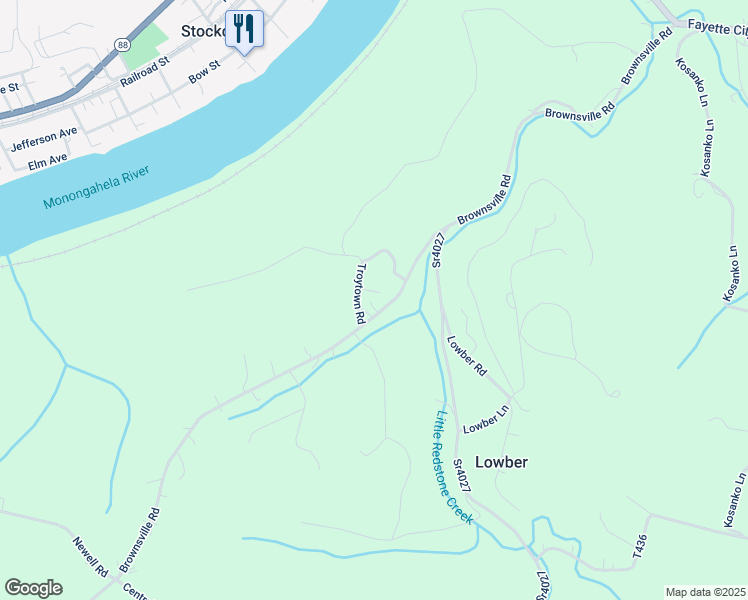 map of restaurants, bars, coffee shops, grocery stores, and more near 306 Brownsville Road in Fayette City