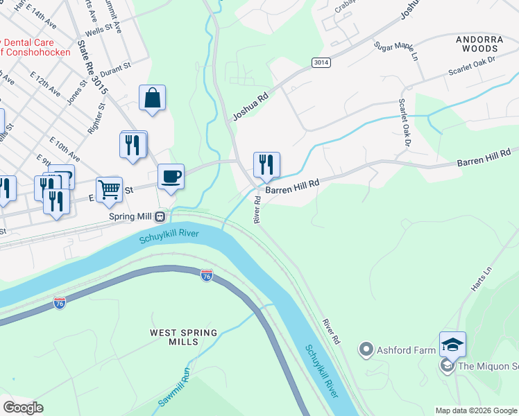 map of restaurants, bars, coffee shops, grocery stores, and more near 21 River Road in Conshohocken