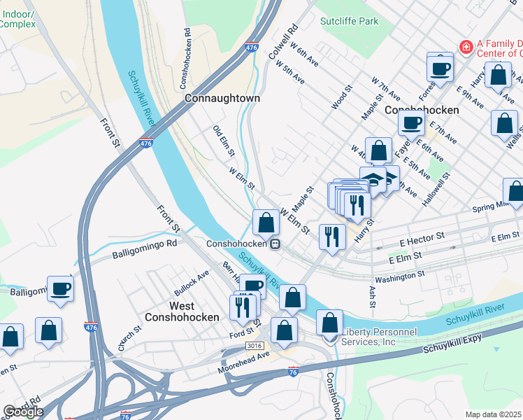 map of restaurants, bars, coffee shops, grocery stores, and more near 350 West Elm Street in Conshohocken