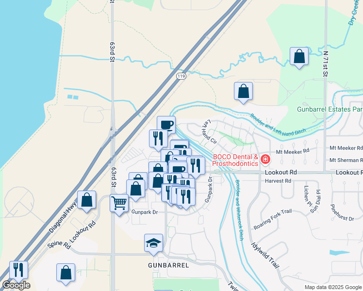 map of restaurants, bars, coffee shops, grocery stores, and more near 5516 Spine Road in Boulder
