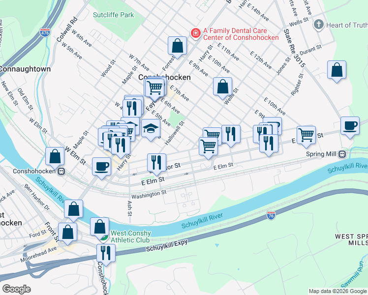 map of restaurants, bars, coffee shops, grocery stores, and more near 359 Spring Mill Avenue in Conshohocken