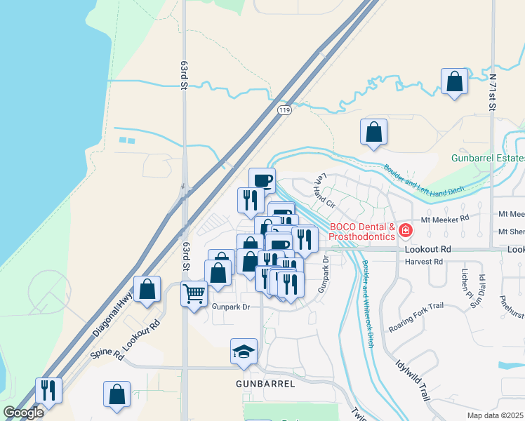 map of restaurants, bars, coffee shops, grocery stores, and more near 5455 Spine Road in Boulder