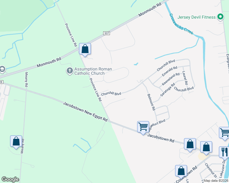map of restaurants, bars, coffee shops, grocery stores, and more near 6 Province Line Road in Plumsted
