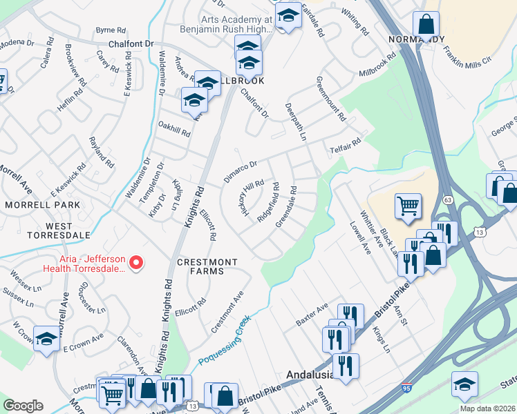 map of restaurants, bars, coffee shops, grocery stores, and more near 112 Ridgefield Road in Philadelphia