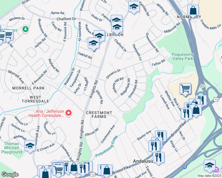 map of restaurants, bars, coffee shops, grocery stores, and more near 128 Hickory Hill Road in Philadelphia