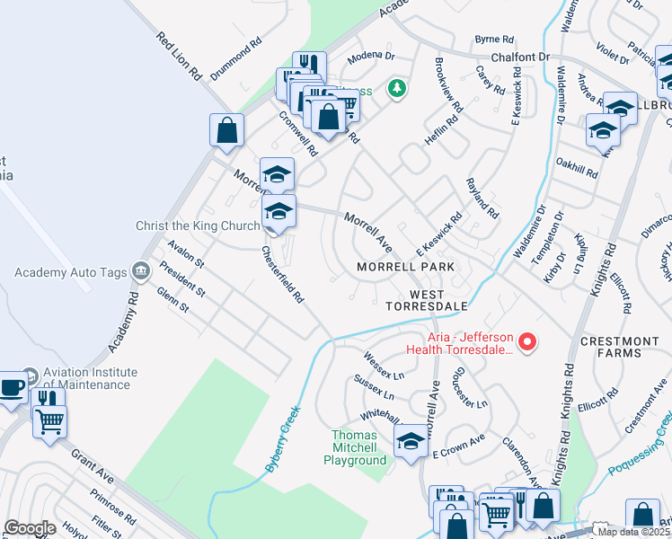 map of restaurants, bars, coffee shops, grocery stores, and more near 3360 South Keswick Road in Philadelphia