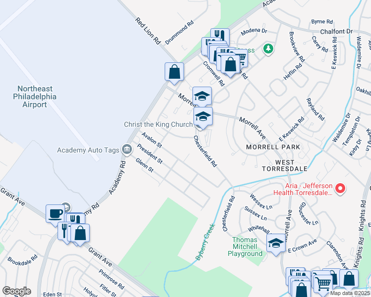 map of restaurants, bars, coffee shops, grocery stores, and more near 9804 Avalon Place in Philadelphia