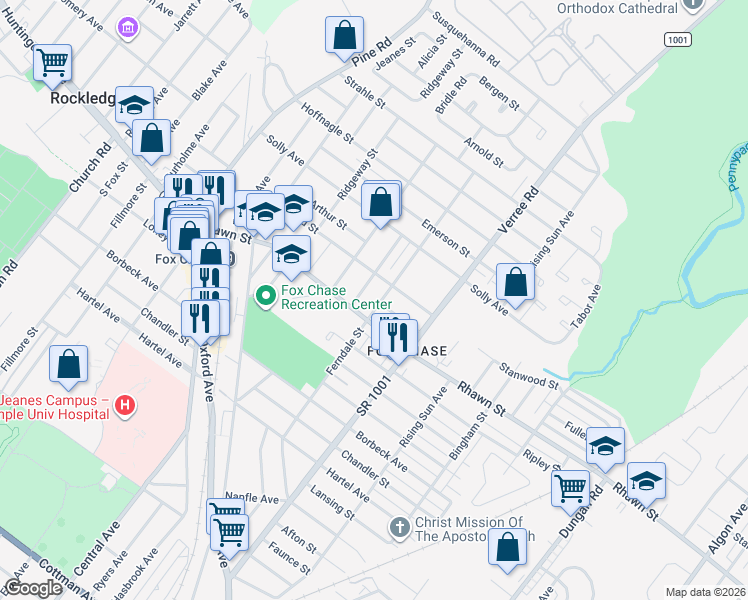 map of restaurants, bars, coffee shops, grocery stores, and more near 7966 Ferndale Street in Philadelphia