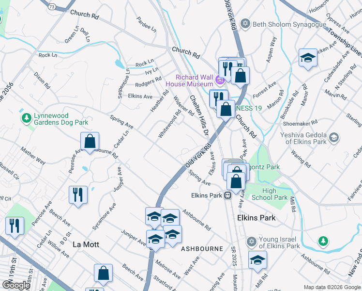 map of restaurants, bars, coffee shops, grocery stores, and more near 7900 Old York Road in Elkins Park