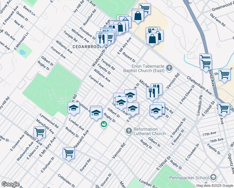 map of restaurants, bars, coffee shops, grocery stores, and more near 8121 Thouron Avenue in Philadelphia
