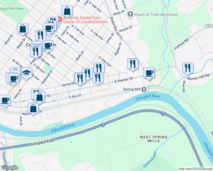 map of restaurants, bars, coffee shops, grocery stores, and more near 901 East Hector Street in Conshohocken
