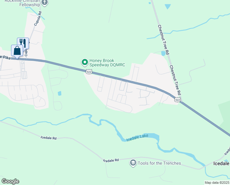map of restaurants, bars, coffee shops, grocery stores, and more near 125 Erica Circle in Honey Brook