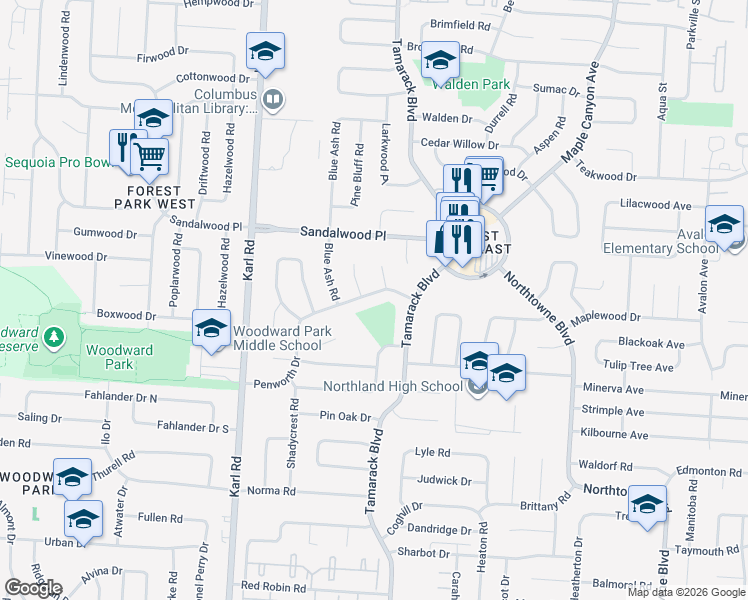 map of restaurants, bars, coffee shops, grocery stores, and more near 1745 Penworth Drive in Columbus