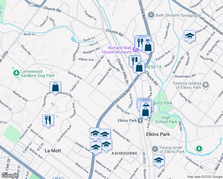map of restaurants, bars, coffee shops, grocery stores, and more near 7900 Old York Road in Elkins Park