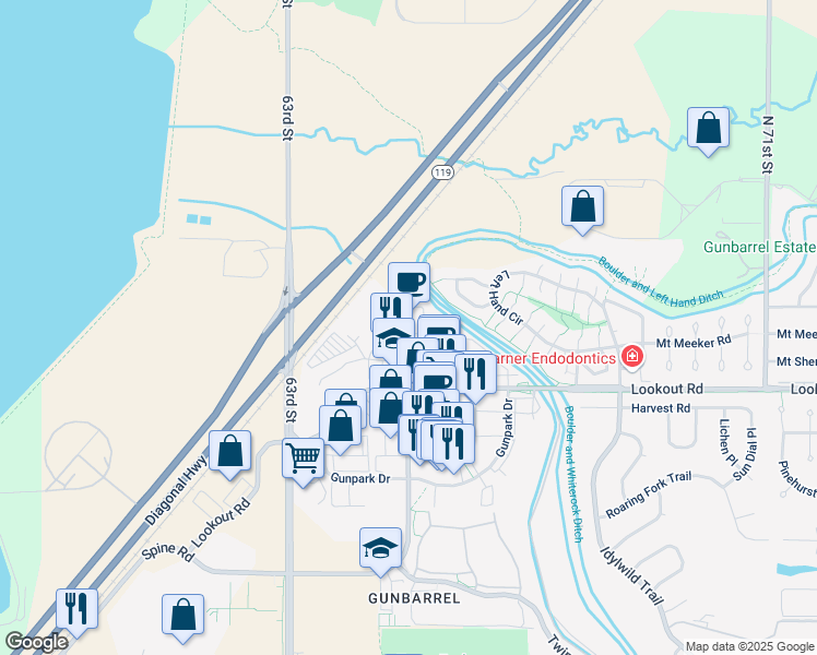 map of restaurants, bars, coffee shops, grocery stores, and more near 5539 Spine Road in Boulder