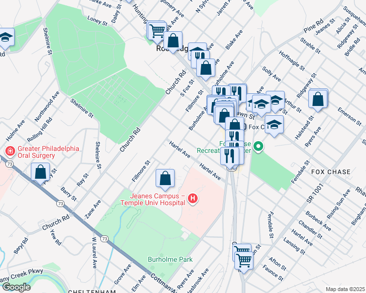 map of restaurants, bars, coffee shops, grocery stores, and more near 303 Hartel Avenue in Philadelphia