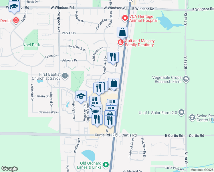 map of restaurants, bars, coffee shops, grocery stores, and more near 201 Burwash Avenue in Savoy