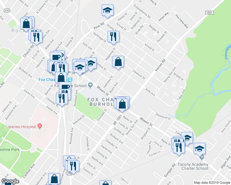 map of restaurants, bars, coffee shops, grocery stores, and more near 8030 Ferndale Street in Philadelphia