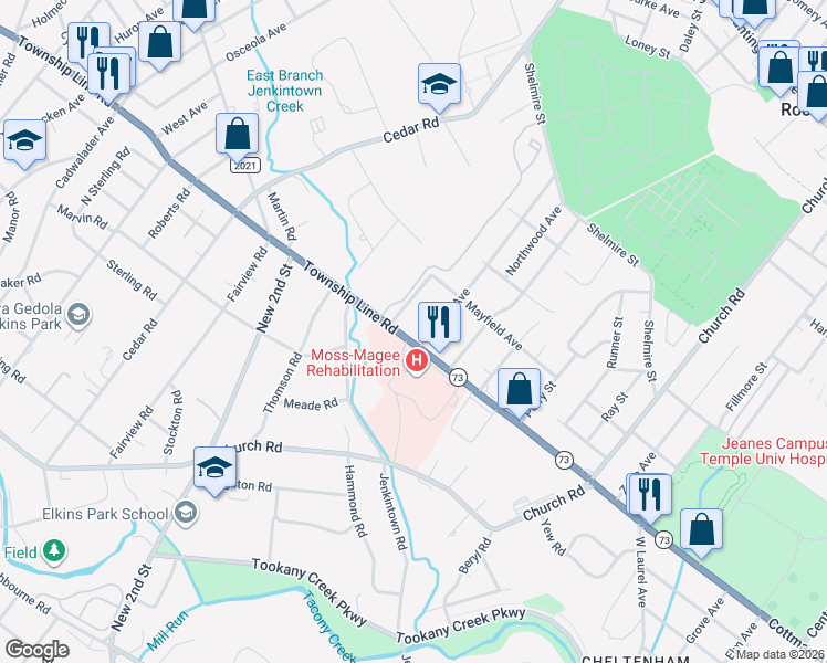map of restaurants, bars, coffee shops, grocery stores, and more near 423 Township Line Road in Elkins Park