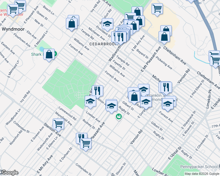 map of restaurants, bars, coffee shops, grocery stores, and more near 1231 East Sydney Street in Philadelphia
