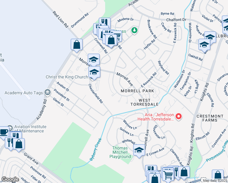 map of restaurants, bars, coffee shops, grocery stores, and more near 3360 South Keswick Road in Philadelphia