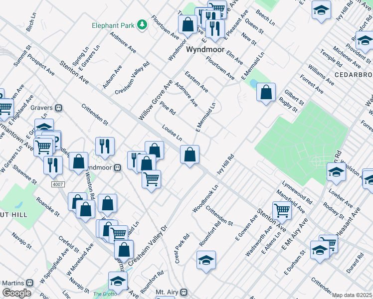 map of restaurants, bars, coffee shops, grocery stores, and more near 501 East Mermaid Lane in Wyndmoor