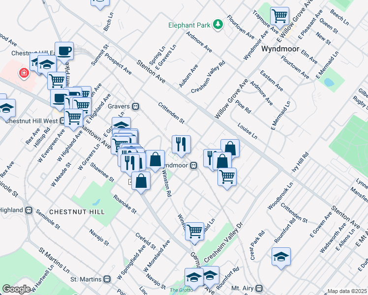 map of restaurants, bars, coffee shops, grocery stores, and more near 8004 Anderson Street in Philadelphia