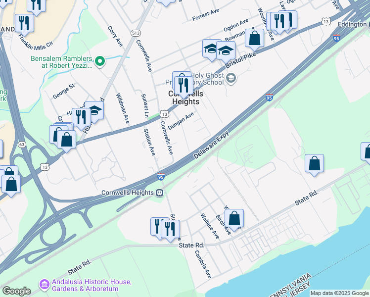 map of restaurants, bars, coffee shops, grocery stores, and more near 830 Simons Avenue in Bensalem